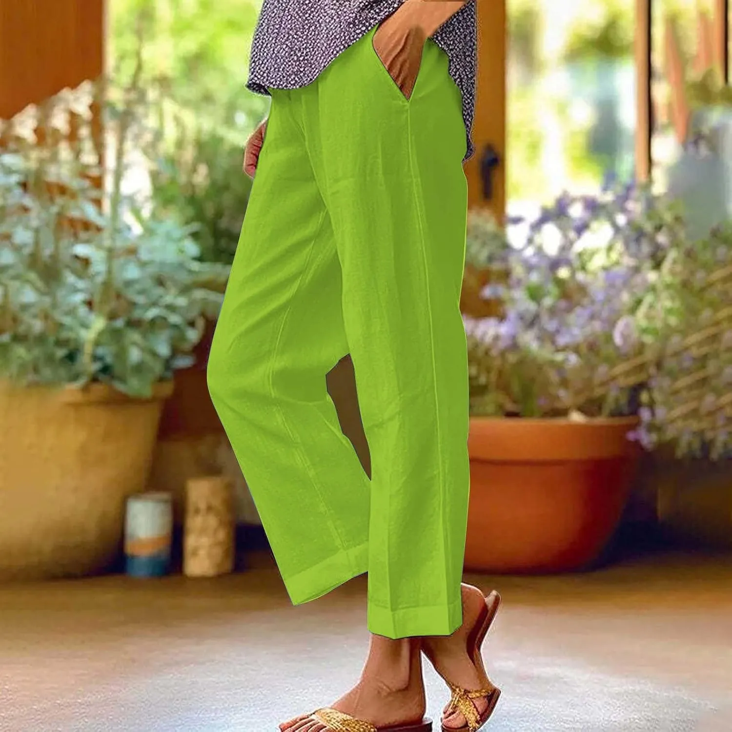 Cotton Linen Pants Women Summer Elastic Waist Palazzo Pants Plus Size Straight Leg Slack Casual Trouser with Pockets