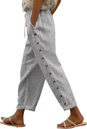 Cotton Linen Women Casual Lightweight Drawstring Elastic Waist Pants with Pockets Straight Long Leg Lounge Summer