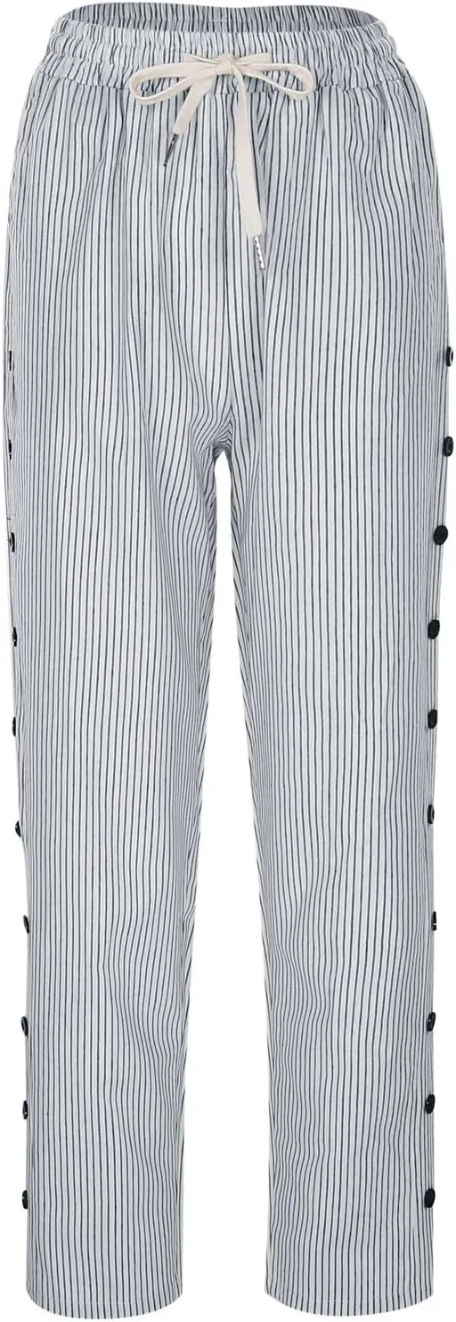 Cotton Linen Women Casual Lightweight Drawstring Elastic Waist Pants with Pockets Straight Long Leg Lounge Summer
