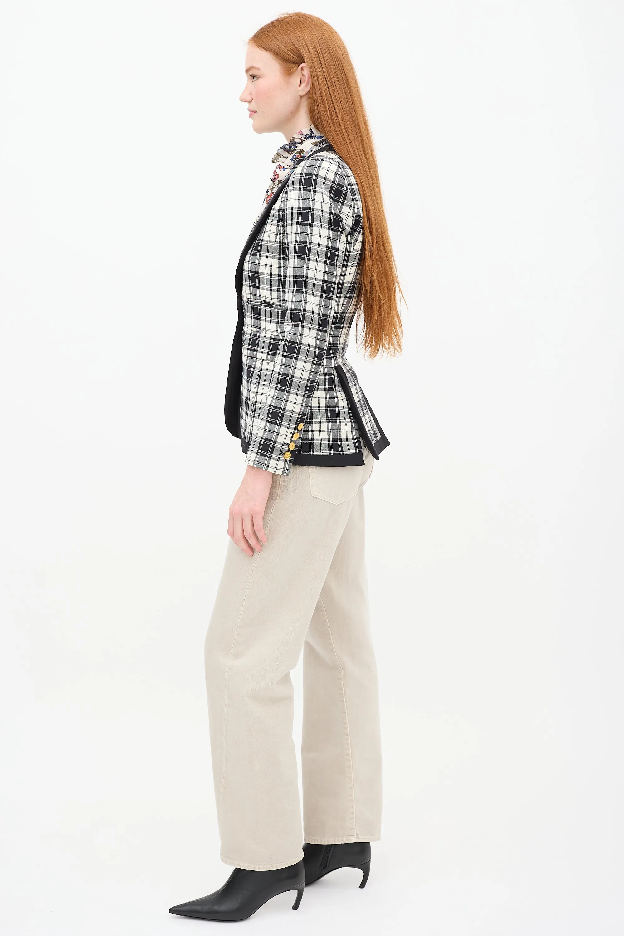Cream & Black Wool Plaid Blazer