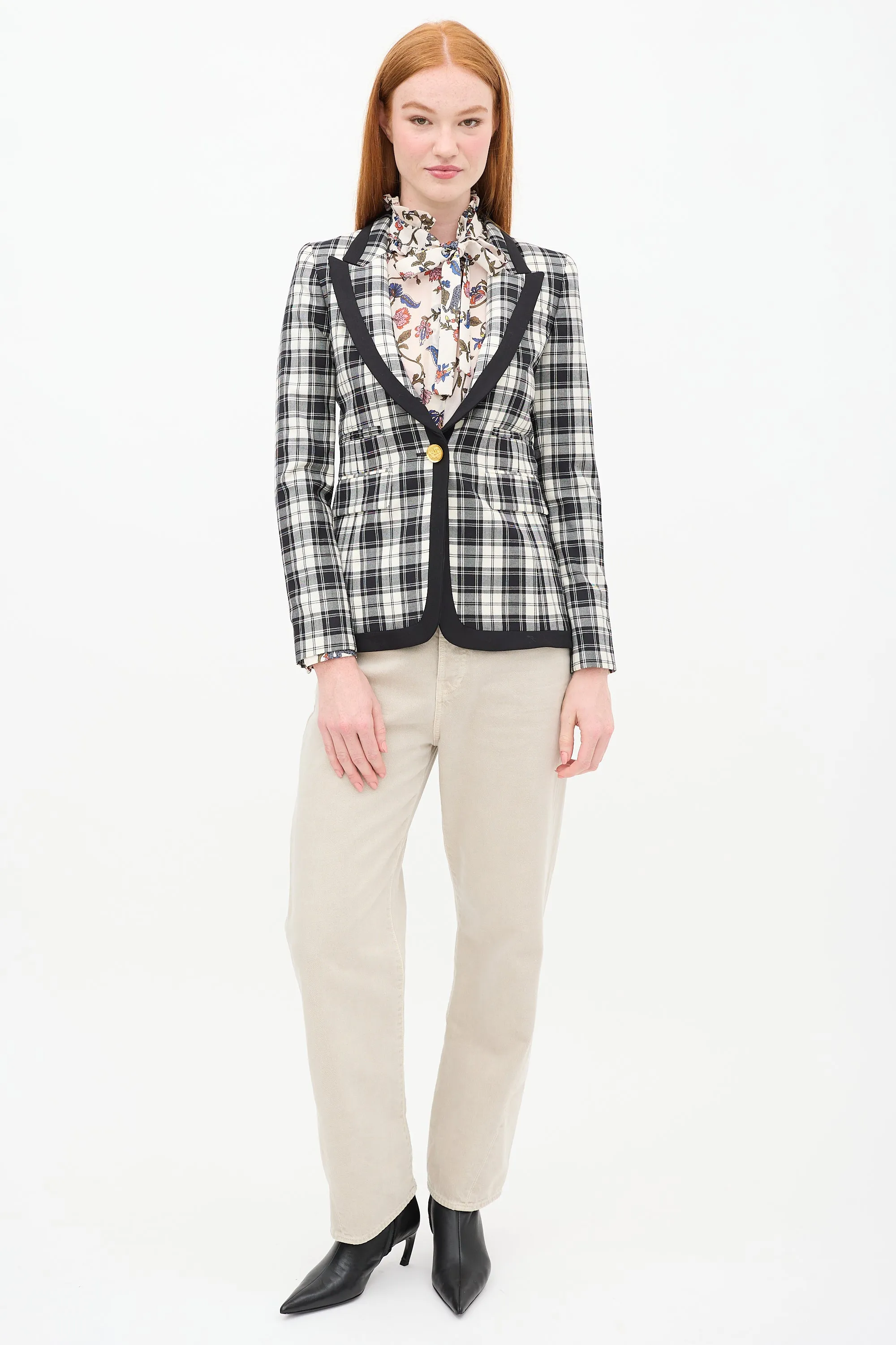 Cream & Black Wool Plaid Blazer