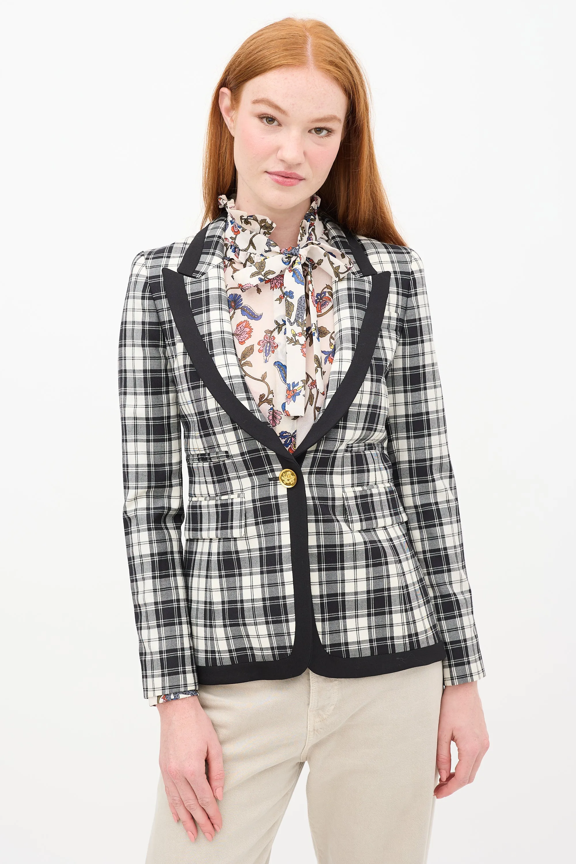 Cream & Black Wool Plaid Blazer