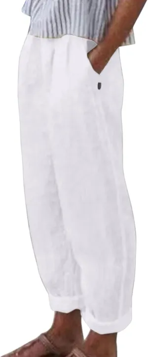 Cropped Linen Pants Women Casual Loose Elastic Waist Straight Leg Trousers Summer Beach Travel Vacation with Pockets