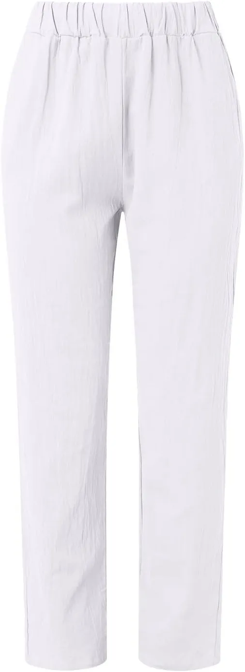 Cropped Linen Pants Women Casual Loose Elastic Waist Straight Leg Trousers Summer Beach Travel Vacation with Pockets