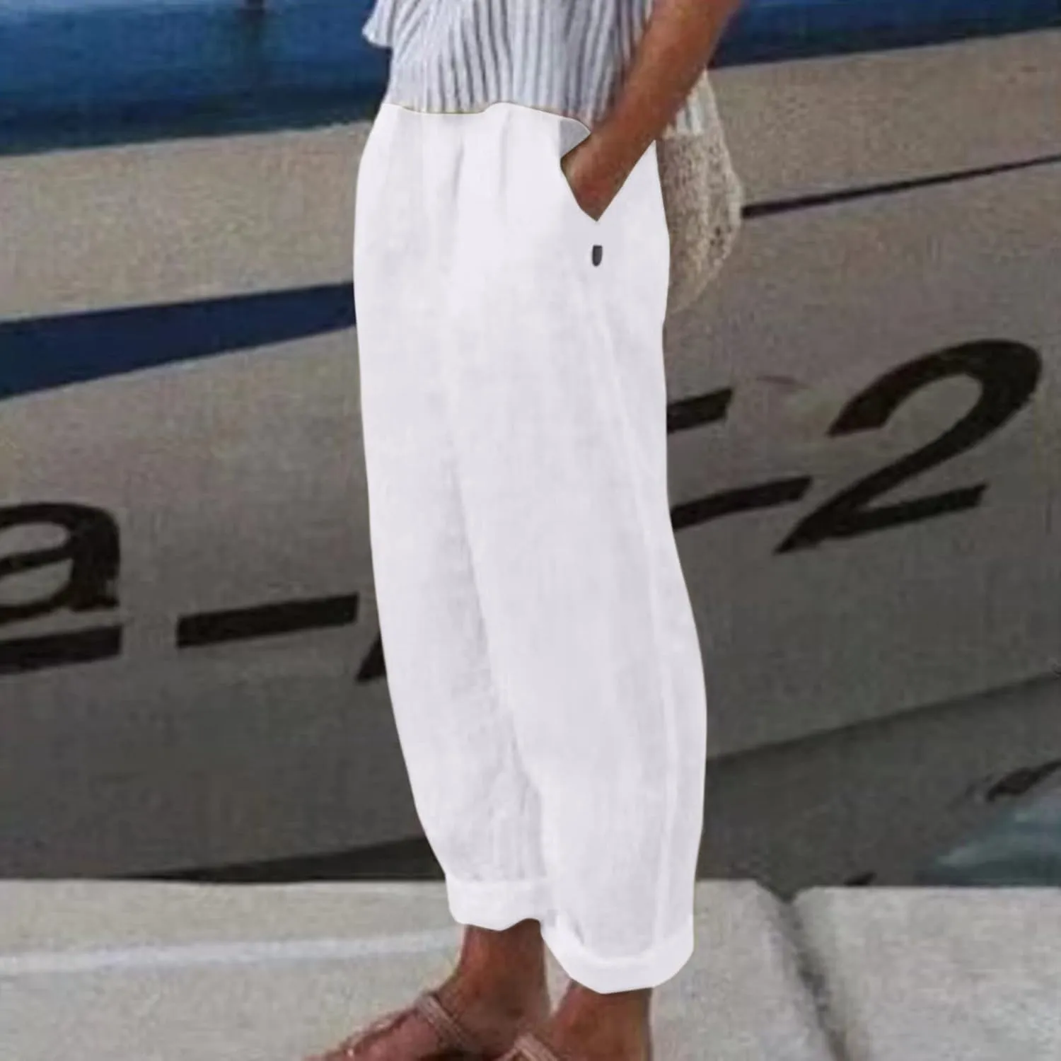 Cropped Linen Pants Women Casual Loose Elastic Waist Straight Leg Trousers Summer Beach Travel Vacation with Pockets