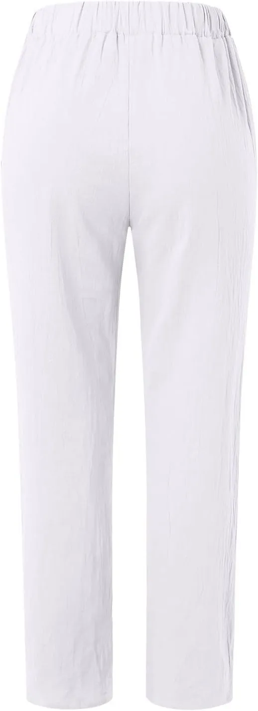 Cropped Linen Pants Women Casual Loose Elastic Waist Straight Leg Trousers Summer Beach Travel Vacation with Pockets