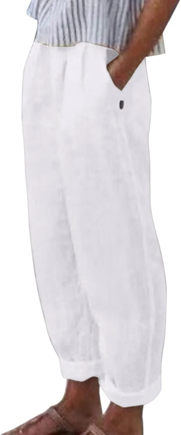 Cropped Linen Pants Women Casual Loose Elastic Waist Straight Leg Trousers Summer Beach Travel Vacation with Pockets