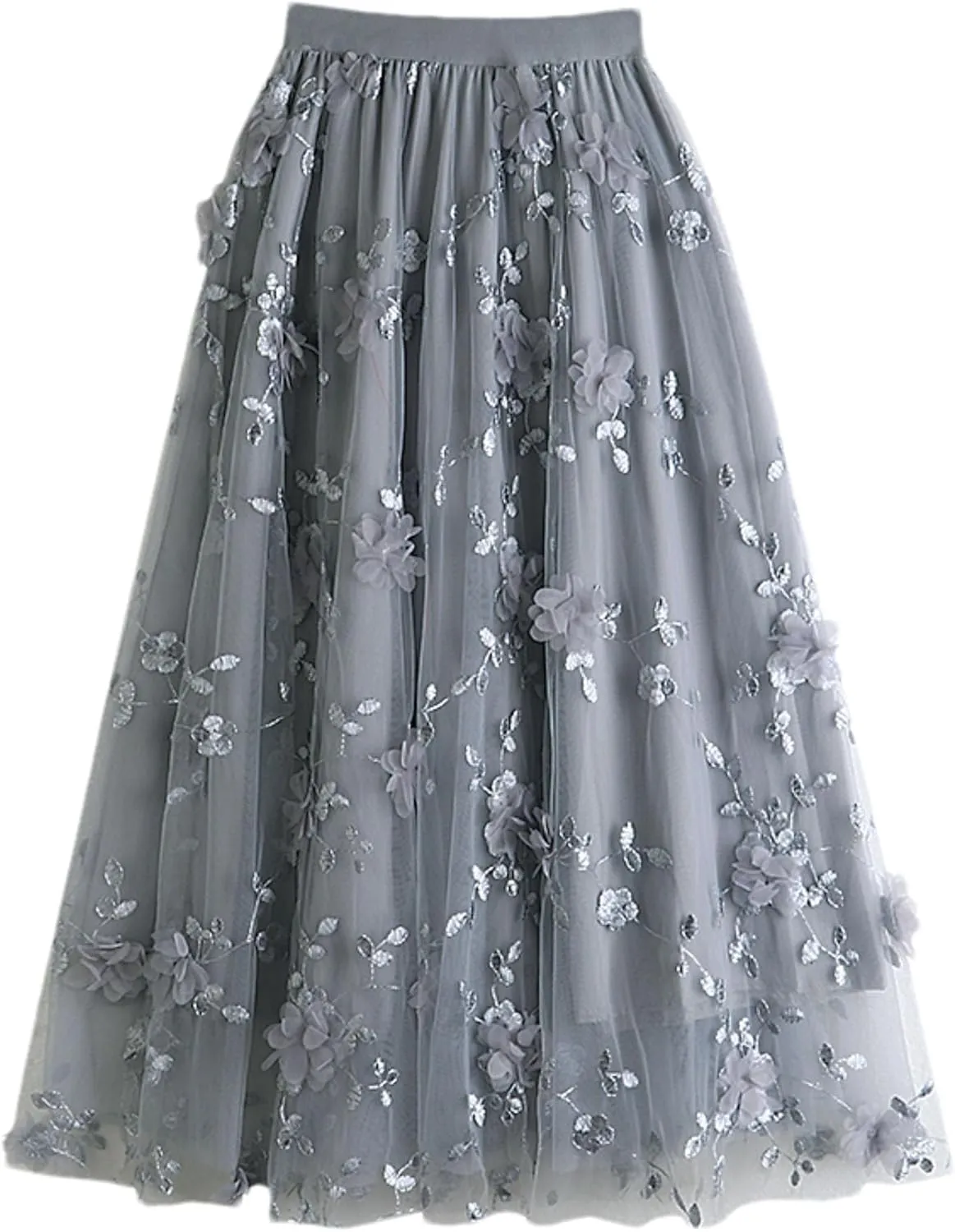 Cute Floral High Waisted Tulle Skirts for Women Trendy Summer Pleated Layered Mesh Long Flowy A Line Midi Fairy Skirt
