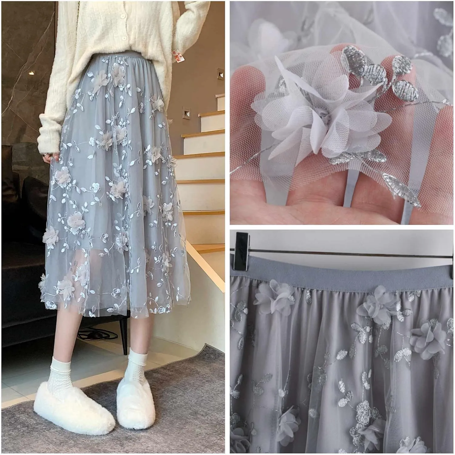 Cute Floral High Waisted Tulle Skirts for Women Trendy Summer Pleated Layered Mesh Long Flowy A Line Midi Fairy Skirt