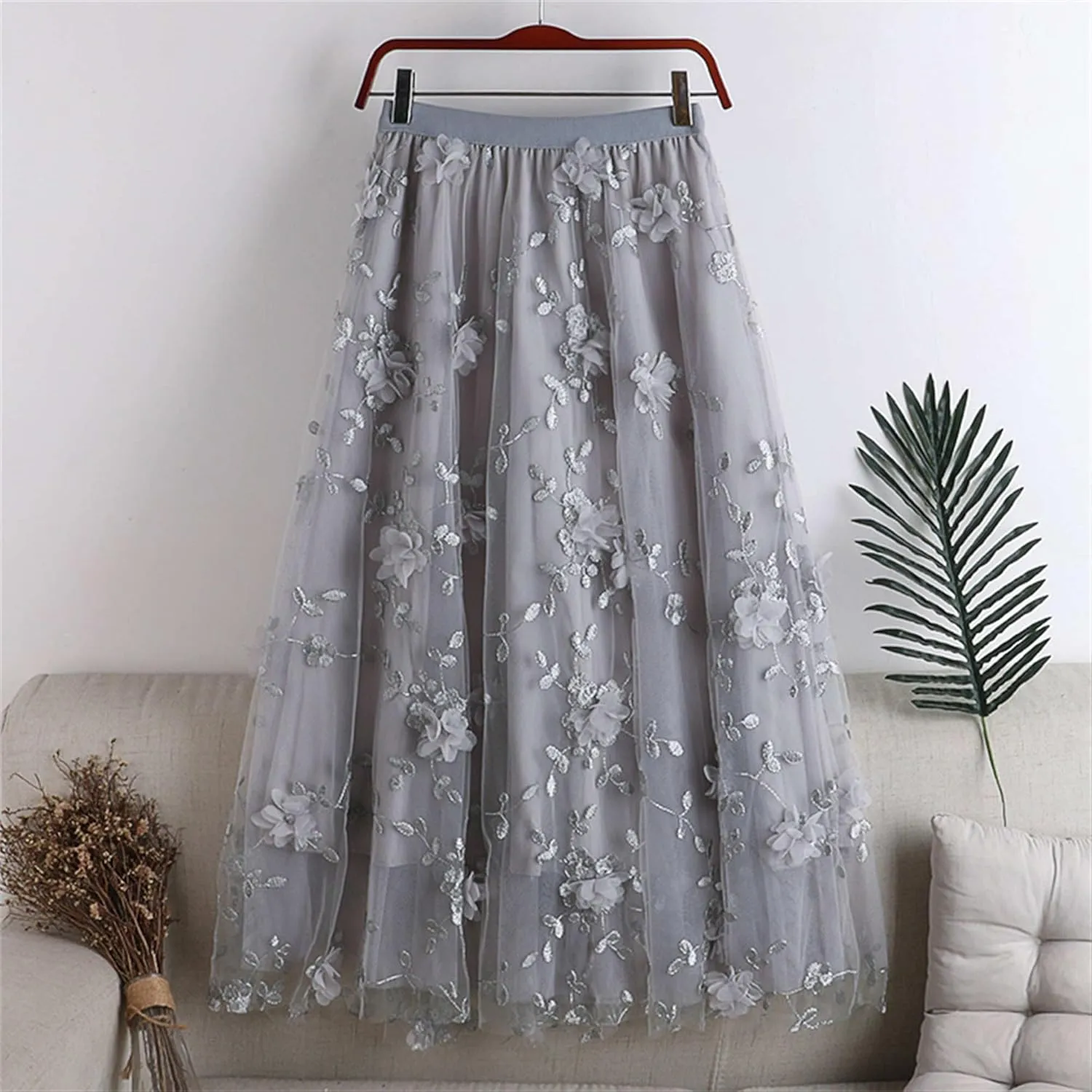Cute Floral High Waisted Tulle Skirts for Women Trendy Summer Pleated Layered Mesh Long Flowy A Line Midi Fairy Skirt