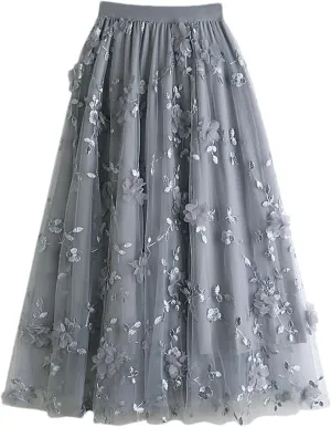 Cute Floral High Waisted Tulle Skirts for Women Trendy Summer Pleated Layered Mesh Long Flowy A Line Midi Fairy Skirt