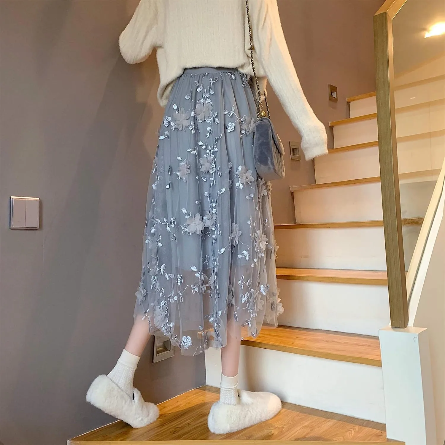 Cute Floral High Waisted Tulle Skirts for Women Trendy Summer Pleated Layered Mesh Long Flowy A Line Midi Fairy Skirt