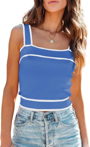 Dokotoo Women's Square Neck Knit Crop Tank Tops 2025 Slim Fit Y2K Color Block Sleeveless Cami Shirts