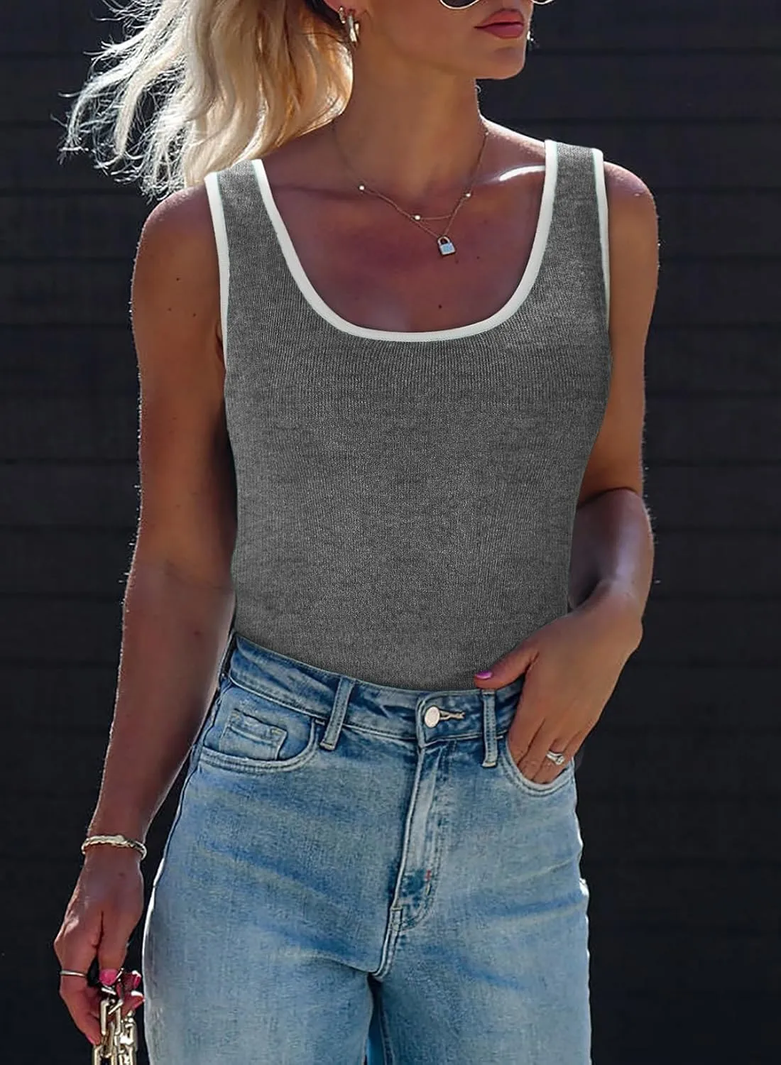 Dokotoo Womens Tank Tops 2025 Summer Casual Sleeveless Scoop Neck Ribbed Knit Color Block Slim Fitted Cami Tee Shirts