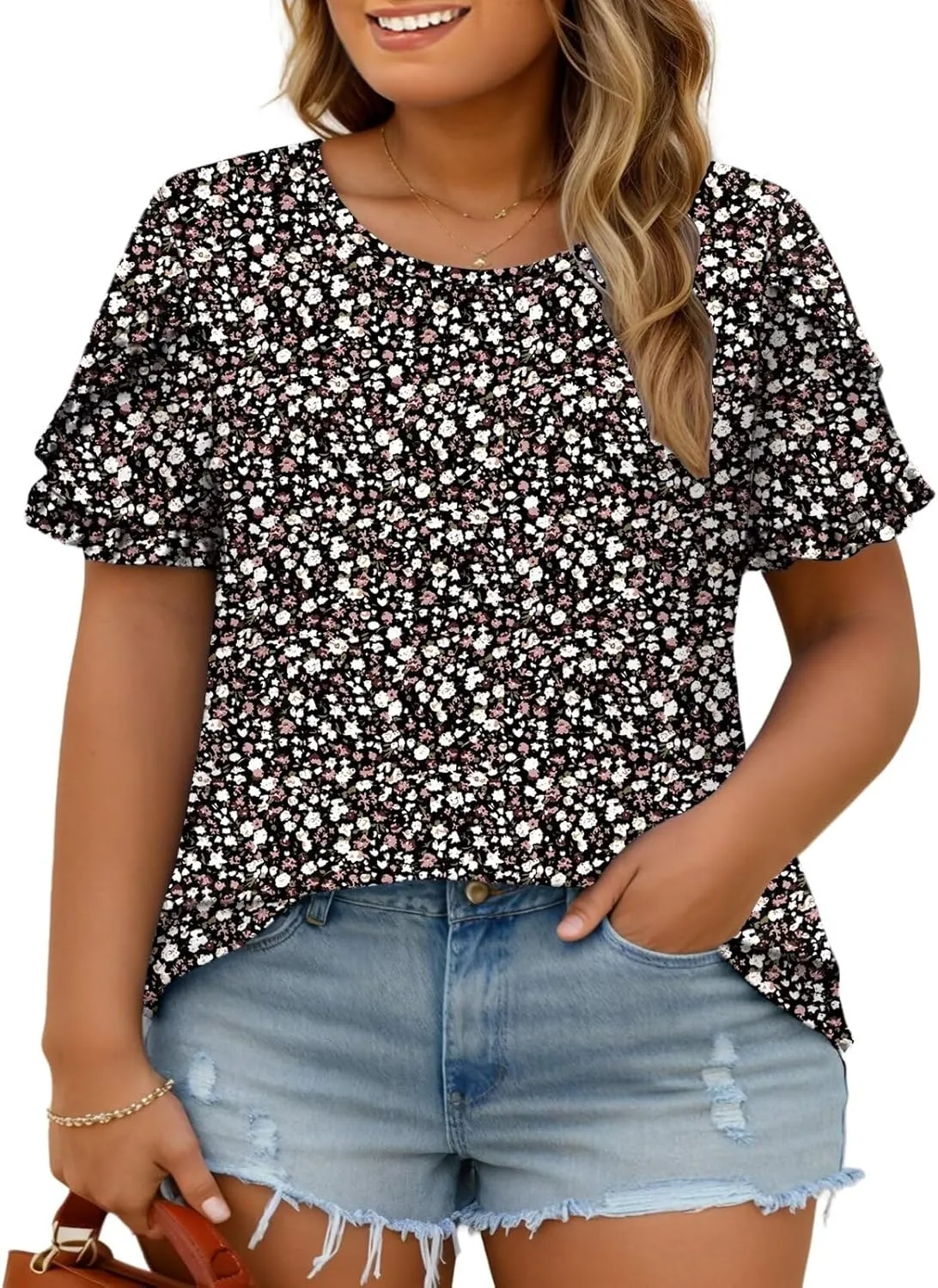 DOLNINE Womens-Plus-Size-Dressy-Summer-Tops Ruffle Petal Short Sleeve T Shirts Casual Loose Tunics Cute Trendy Blouses