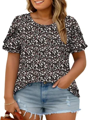 DOLNINE Womens-Plus-Size-Dressy-Summer-Tops Ruffle Petal Short Sleeve T Shirts Casual Loose Tunics Cute Trendy Blouses