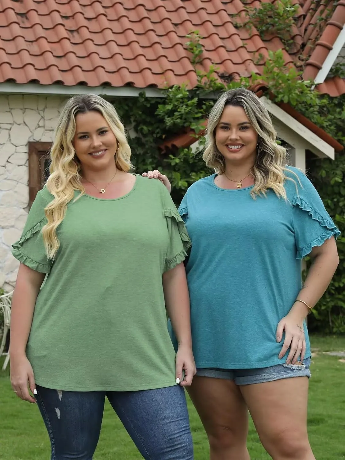 DOLNINE Womens-Plus-Size-Dressy-Summer-Tops Ruffle Petal Short Sleeve T Shirts Casual Loose Tunics Cute Trendy Blouses