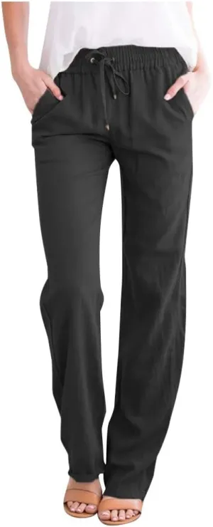 Drawstring Pants for Women Summer Cotton Linen Straight Leg Pants Comfy Loose Fit Work Trousers with Pockets