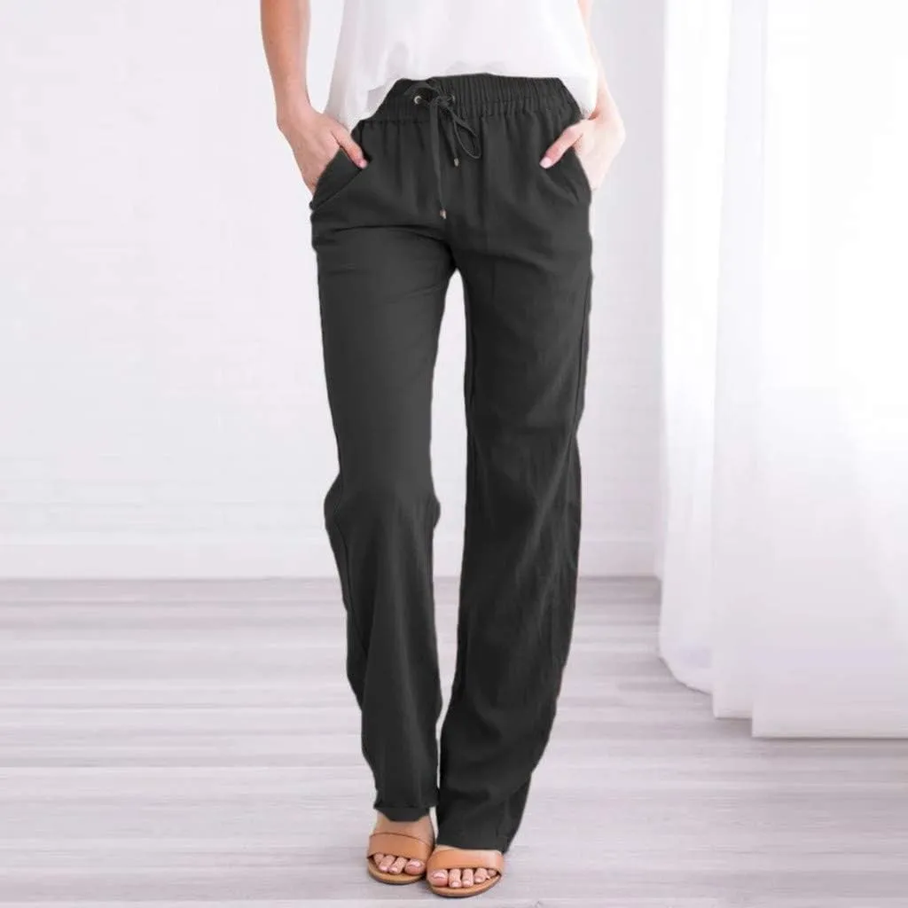 Drawstring Pants for Women Summer Cotton Linen Straight Leg Pants Comfy Loose Fit Work Trousers with Pockets