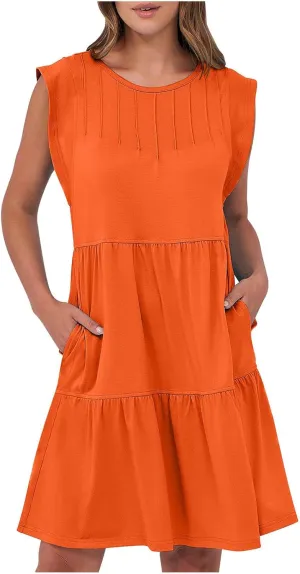 Dresses for Women 2025 Crewneck Ruffle Sleeve Tiered Flowy Unique Chest Line Decoration Mini Dress with Pockets