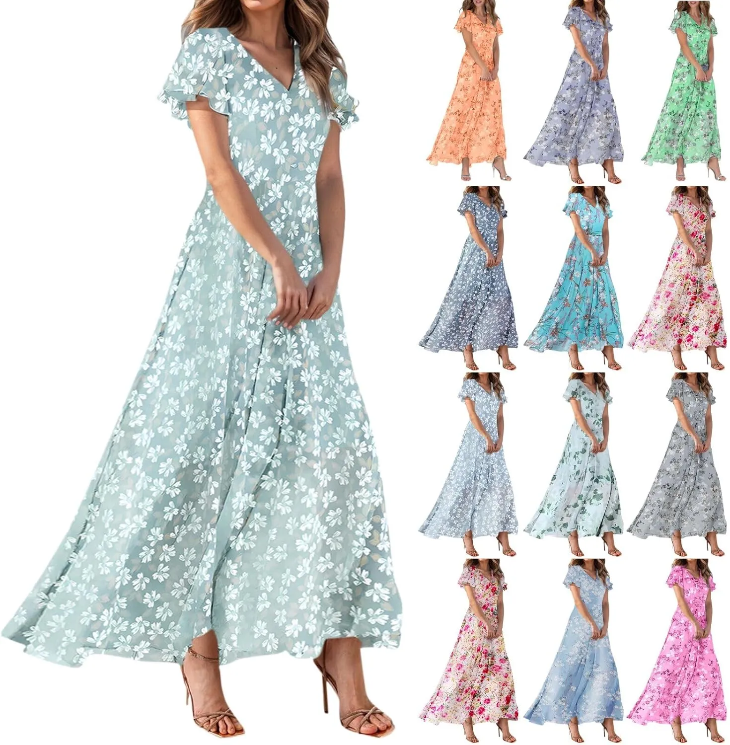 Easter Dress for Women Chiffon Dresses Swing Flowy Ruffle Hem Swing Womens Dresses Summer Beach Casual Dresses