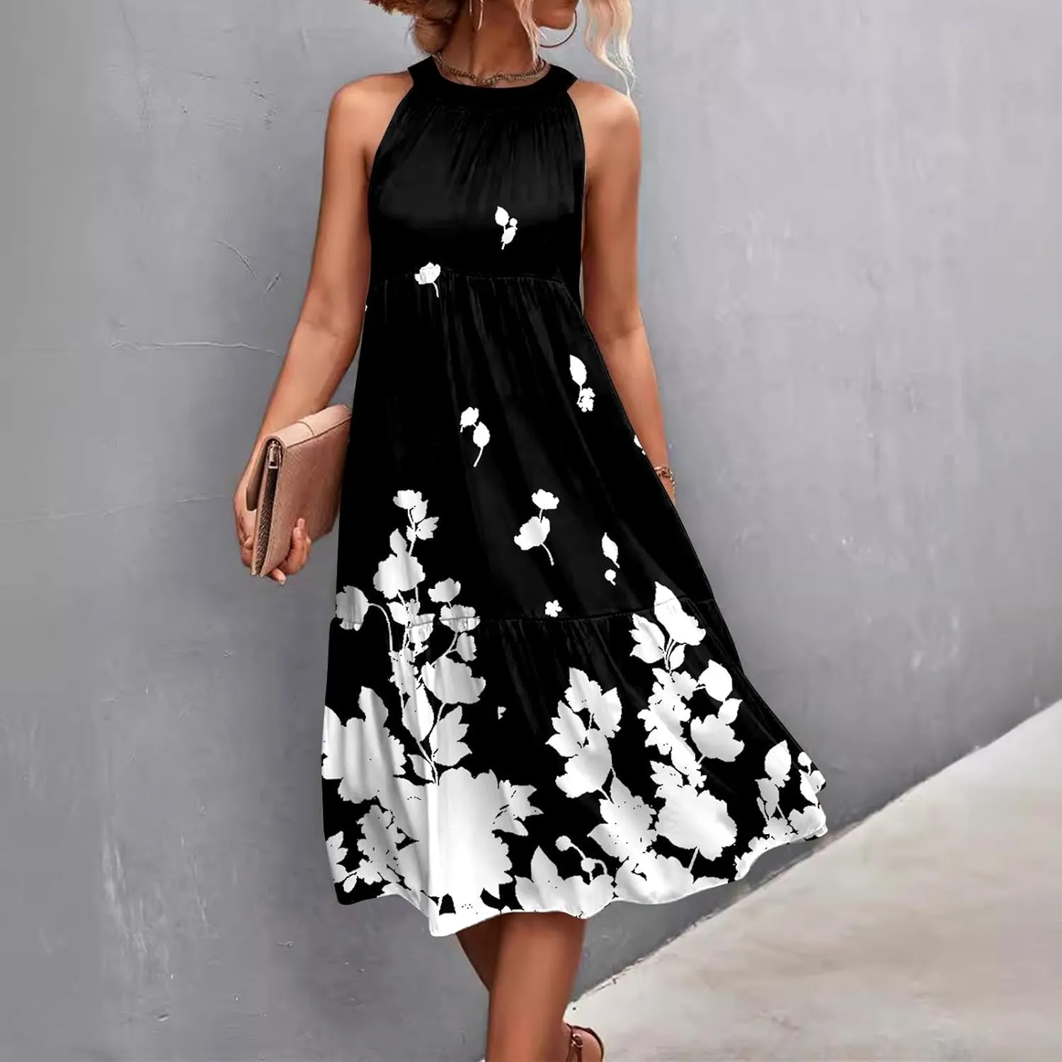 Easter Dress for Women Summer Dresses with Sleeves High Waisted Loose Swing Solid Color Patchwork