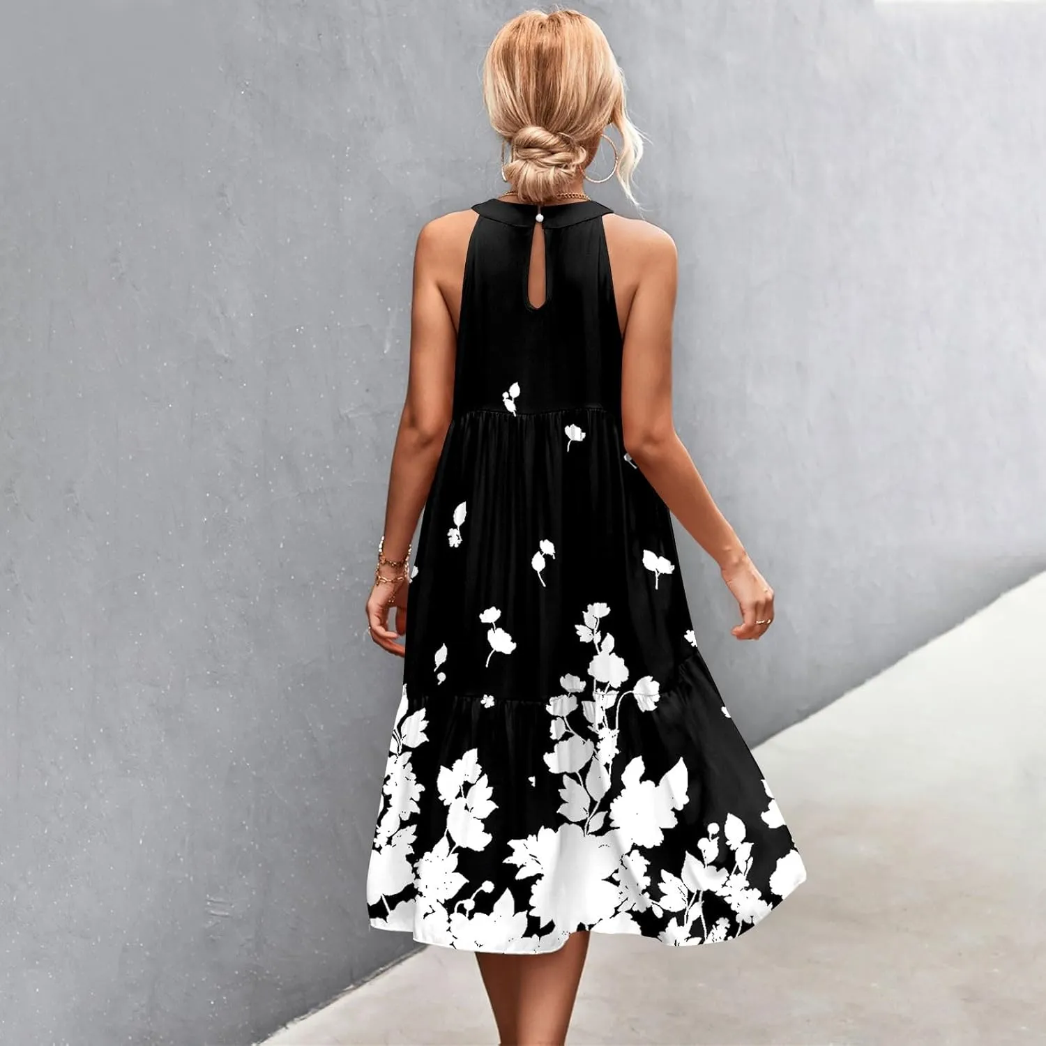 Easter Dress for Women Summer Dresses with Sleeves High Waisted Loose Swing Solid Color Patchwork