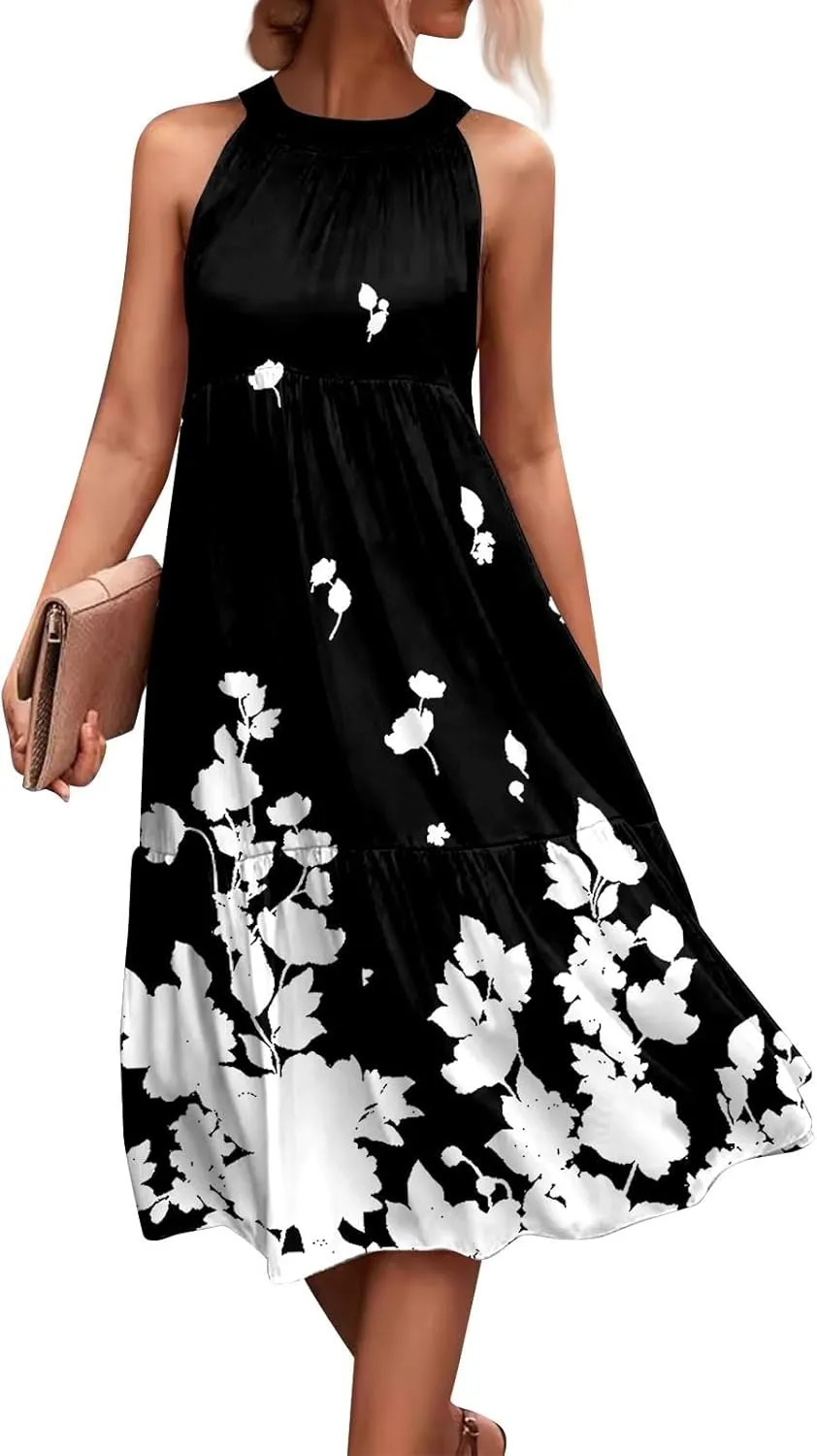 Easter Dress for Women Summer Dresses with Sleeves High Waisted Loose Swing Solid Color Patchwork