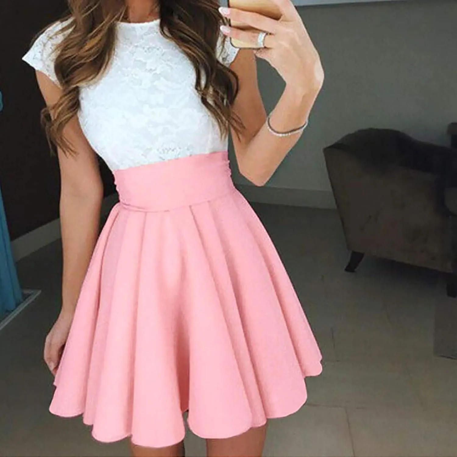 Evening Dresses Midi Length Women Fashion High Waist Multicolor Pleated Solid Short Skirt
