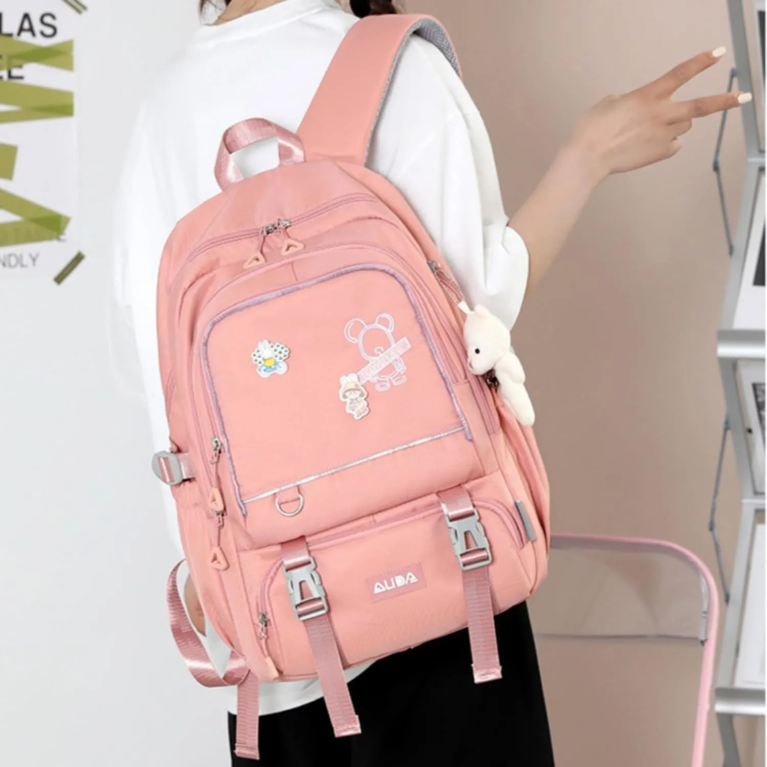 Fashion Backpack with 1pc Cartoon Bear Accessory Cute Big Capacity Lightweight 3 Compartments Laptop Travel Versatile (Pink)