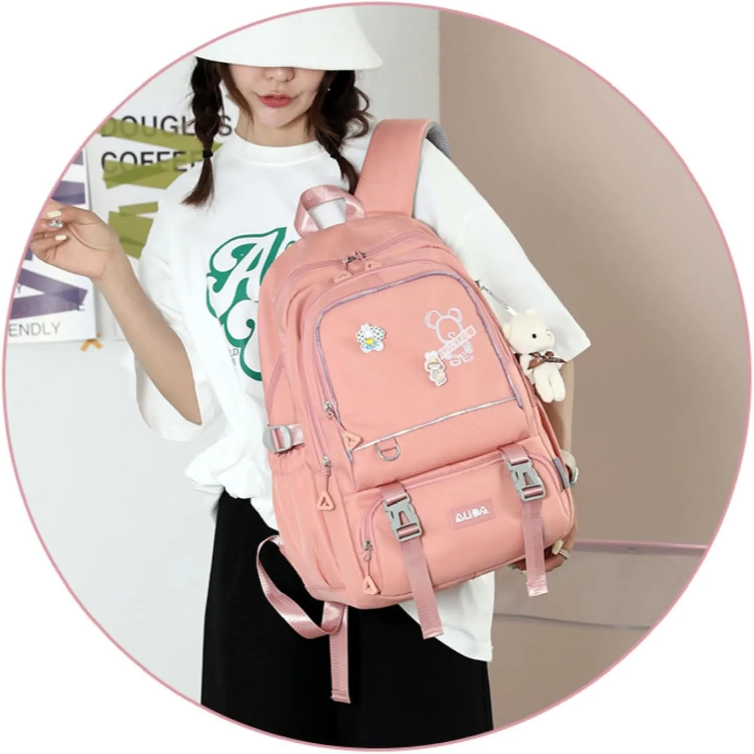 Fashion Backpack with 1pc Cartoon Bear Accessory Cute Big Capacity Lightweight 3 Compartments Laptop Travel Versatile (Pink)