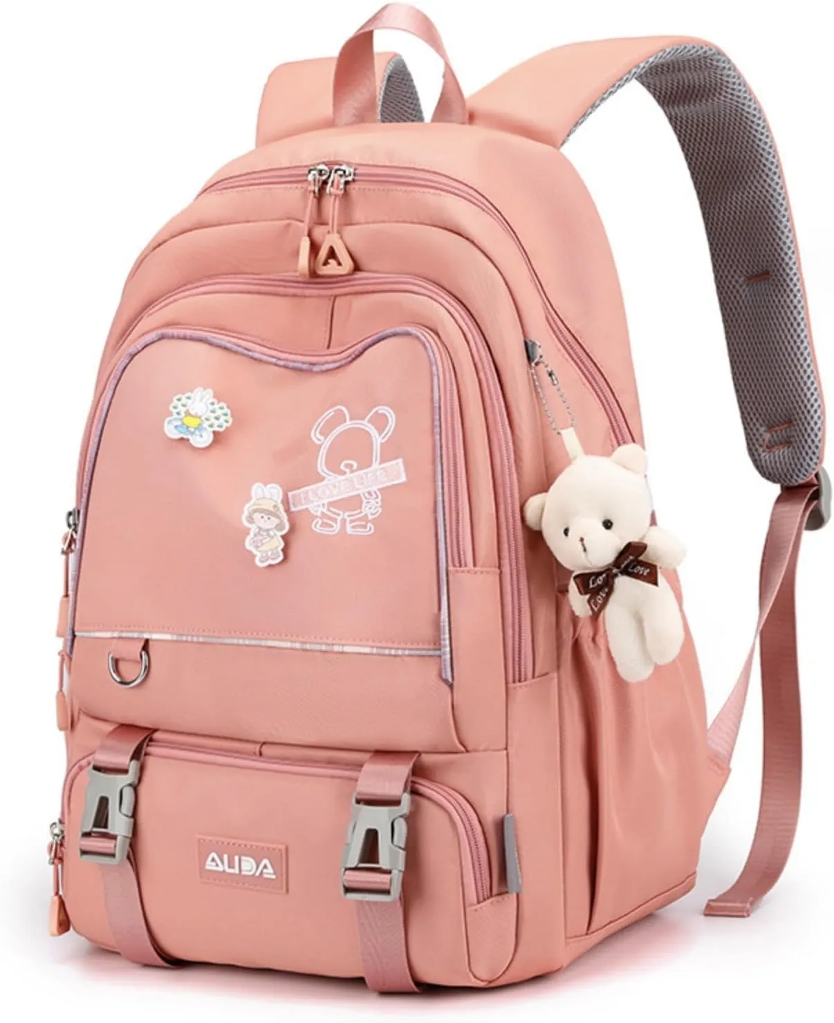 Fashion Backpack with 1pc Cartoon Bear Accessory Cute Big Capacity Lightweight 3 Compartments Laptop Travel Versatile (Pink)