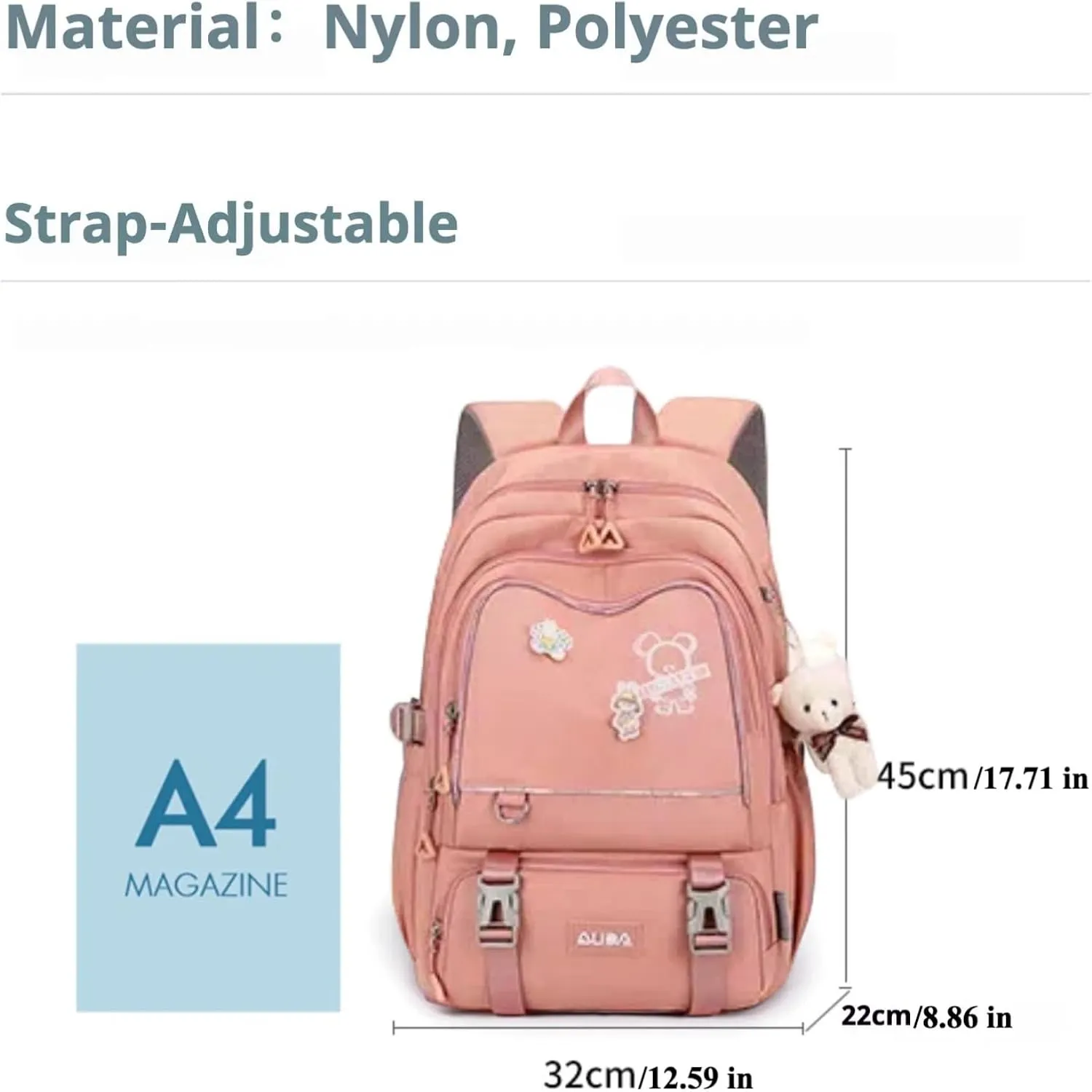 Fashion Backpack with 1pc Cartoon Bear Accessory Cute Big Capacity Lightweight 3 Compartments Laptop Travel Versatile (Pink)