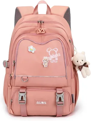 Fashion Backpack with 1pc Cartoon Bear Accessory Cute Big Capacity Lightweight 3 Compartments Laptop Travel Versatile (Pink)