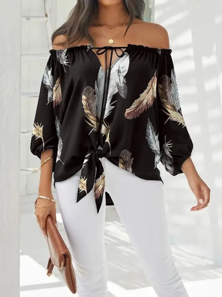 Fashionkova  Long Sleeve T-Shirts 2022 Off Shoulder Slim Fit Blouse Tops Elegant Slash Neck Ladies Tee Shirt Fashion Printed Blusa Streetwear