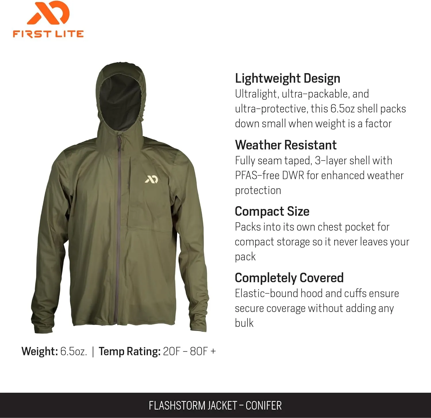 First Lite Mens FlashStorm Jacket - 3-Layer Ultralight Waterproof Rain Coat for Hunting & Fishing