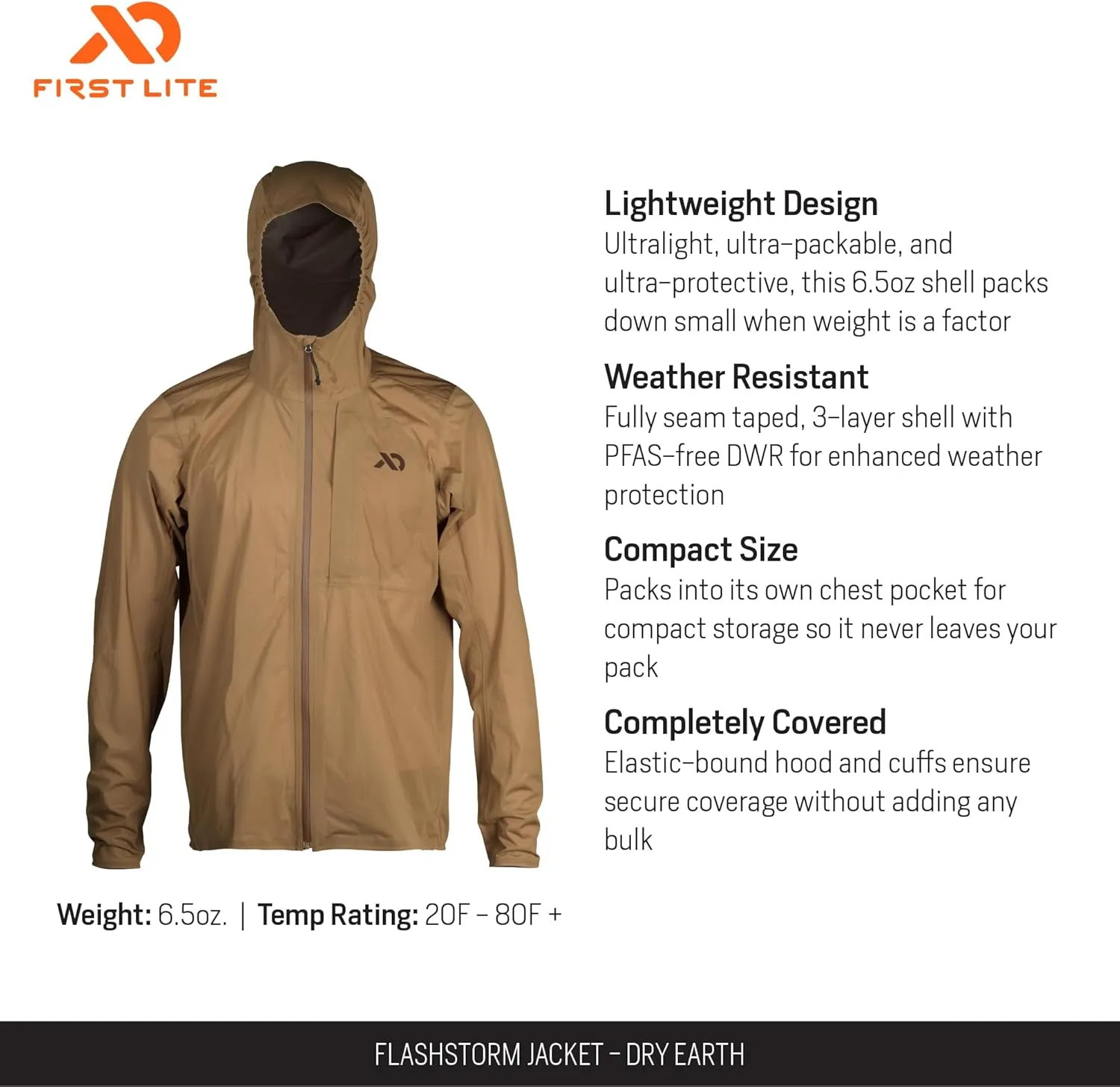 First Lite Mens FlashStorm Jacket - 3-Layer Ultralight Waterproof Rain Coat for Hunting & Fishing