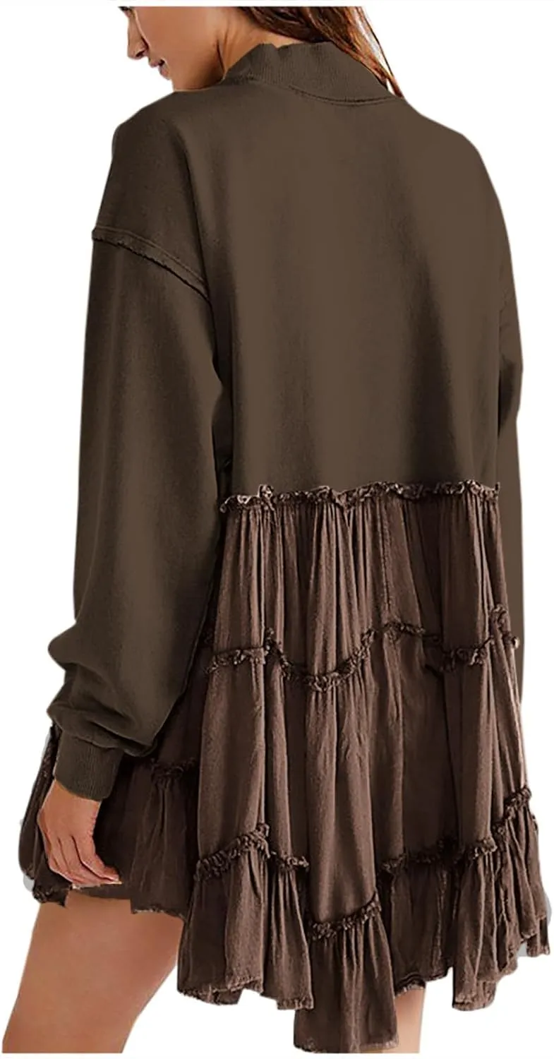 Firzero Womens Oversized Sweatshirt Dress Patchwork Long Sleeve Crewneck Pleated Mini Dresses 2024 Casual Pullover Tops