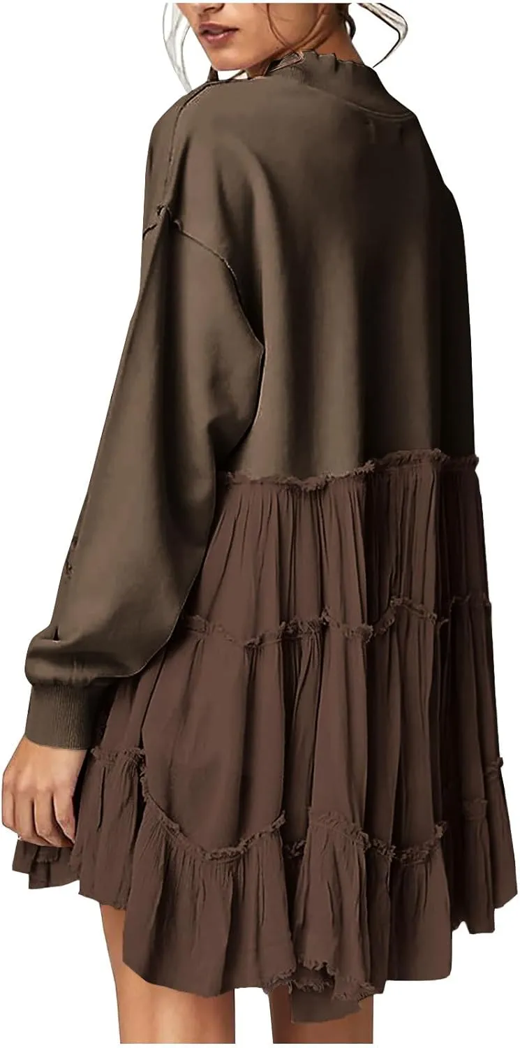 Firzero Womens Oversized Sweatshirt Dress Patchwork Long Sleeve Crewneck Pleated Mini Dresses 2024 Casual Pullover Tops