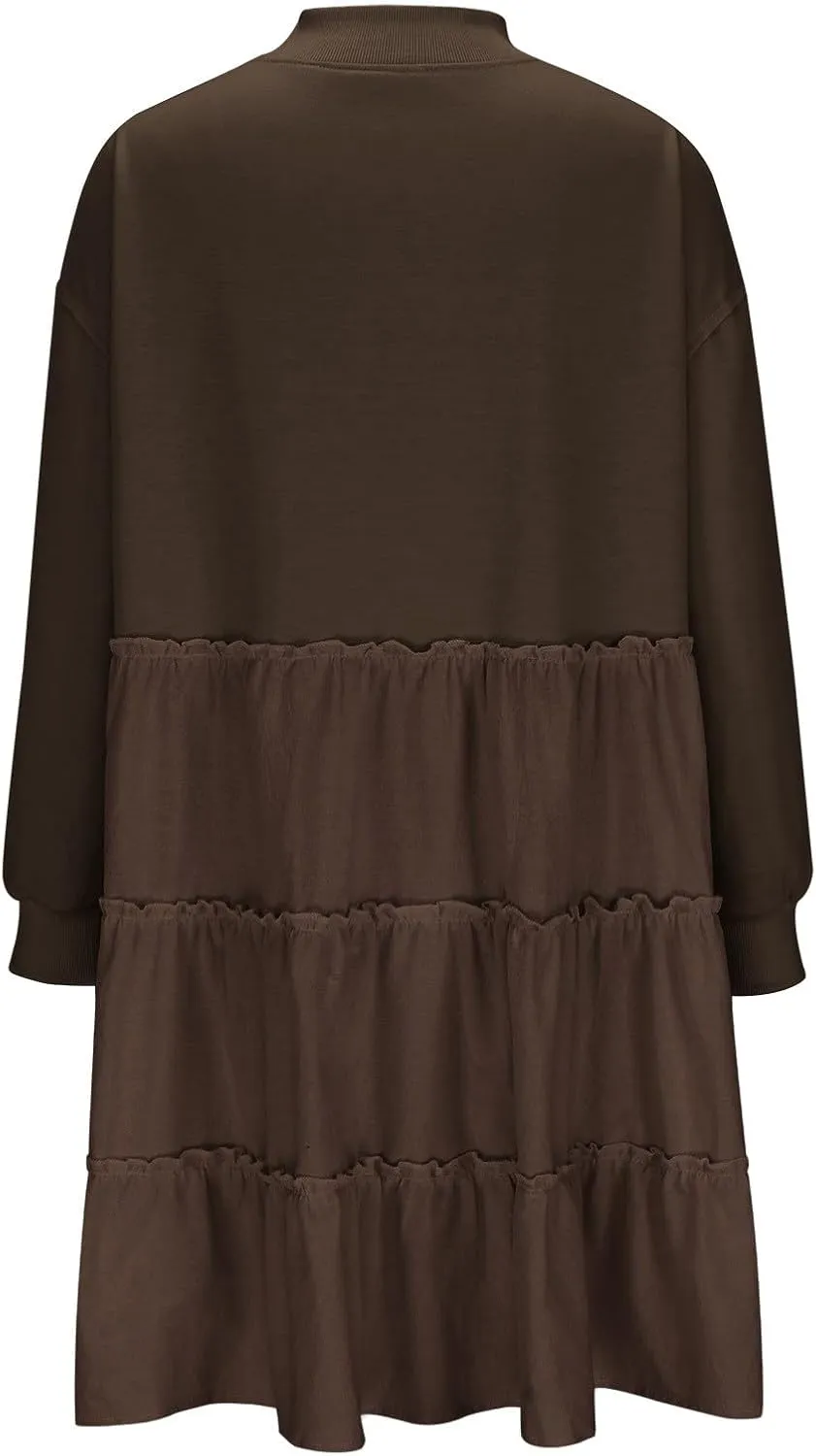 Firzero Womens Oversized Sweatshirt Dress Patchwork Long Sleeve Crewneck Pleated Mini Dresses 2024 Casual Pullover Tops