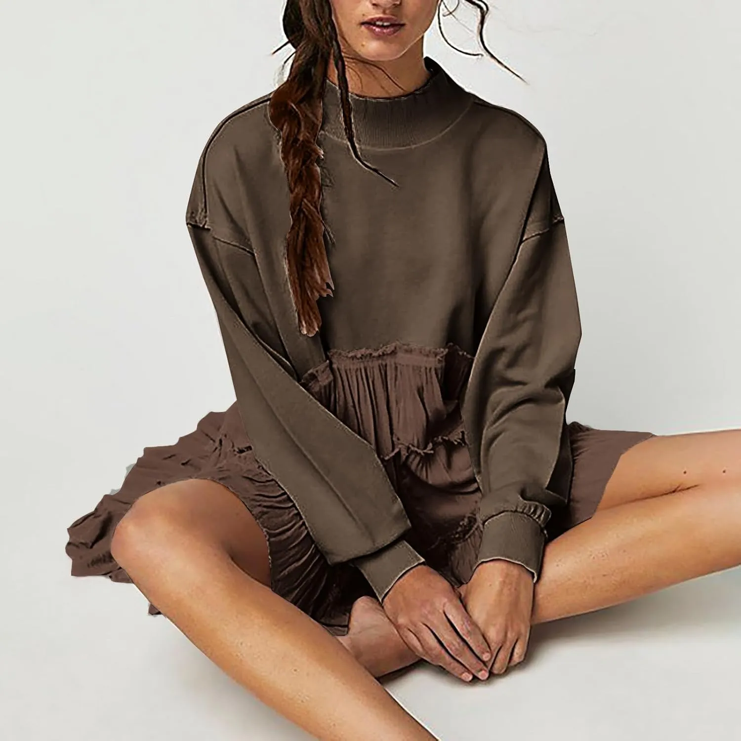 Firzero Womens Oversized Sweatshirt Dress Patchwork Long Sleeve Crewneck Pleated Mini Dresses 2024 Casual Pullover Tops