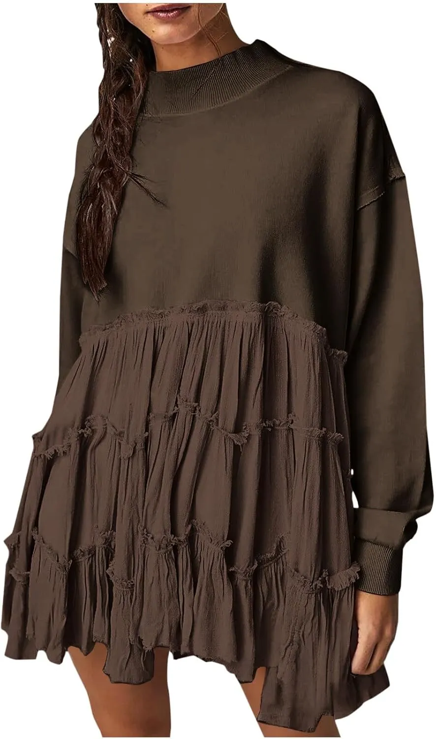 Firzero Womens Oversized Sweatshirt Dress Patchwork Long Sleeve Crewneck Pleated Mini Dresses 2024 Casual Pullover Tops