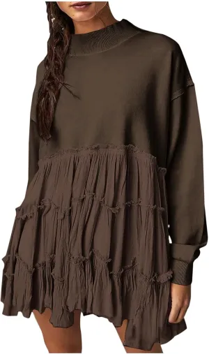 Firzero Womens Oversized Sweatshirt Dress Patchwork Long Sleeve Crewneck Pleated Mini Dresses 2024 Casual Pullover Tops