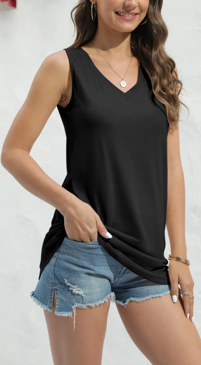 Fisoew Women V Neck Tank Tops Summer Loose Casual Basic Solid Color Sleeveless Shirts Tunic Tops