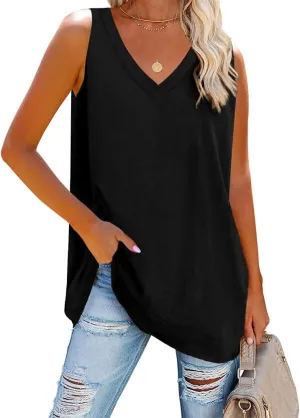 Fisoew Women V Neck Tank Tops Summer Loose Casual Basic Solid Color Sleeveless Shirts Tunic Tops