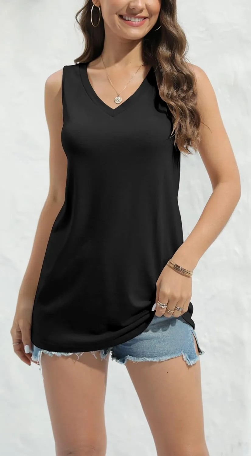 Fisoew Women V Neck Tank Tops Summer Loose Casual Basic Solid Color Sleeveless Shirts Tunic Tops