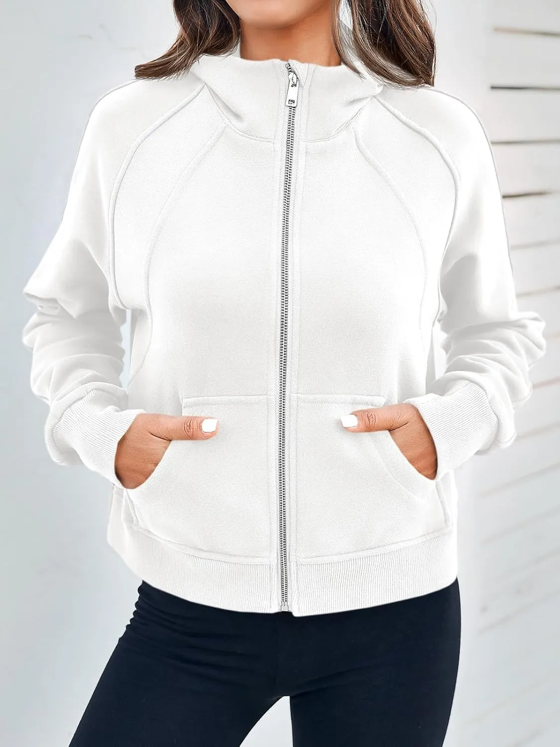 Fisoew Womens Zip Up Sweatshirts Fleece Lined Collar Crop Hoodie Casual Cotton Long Sleeve Tops with Thumb Hole