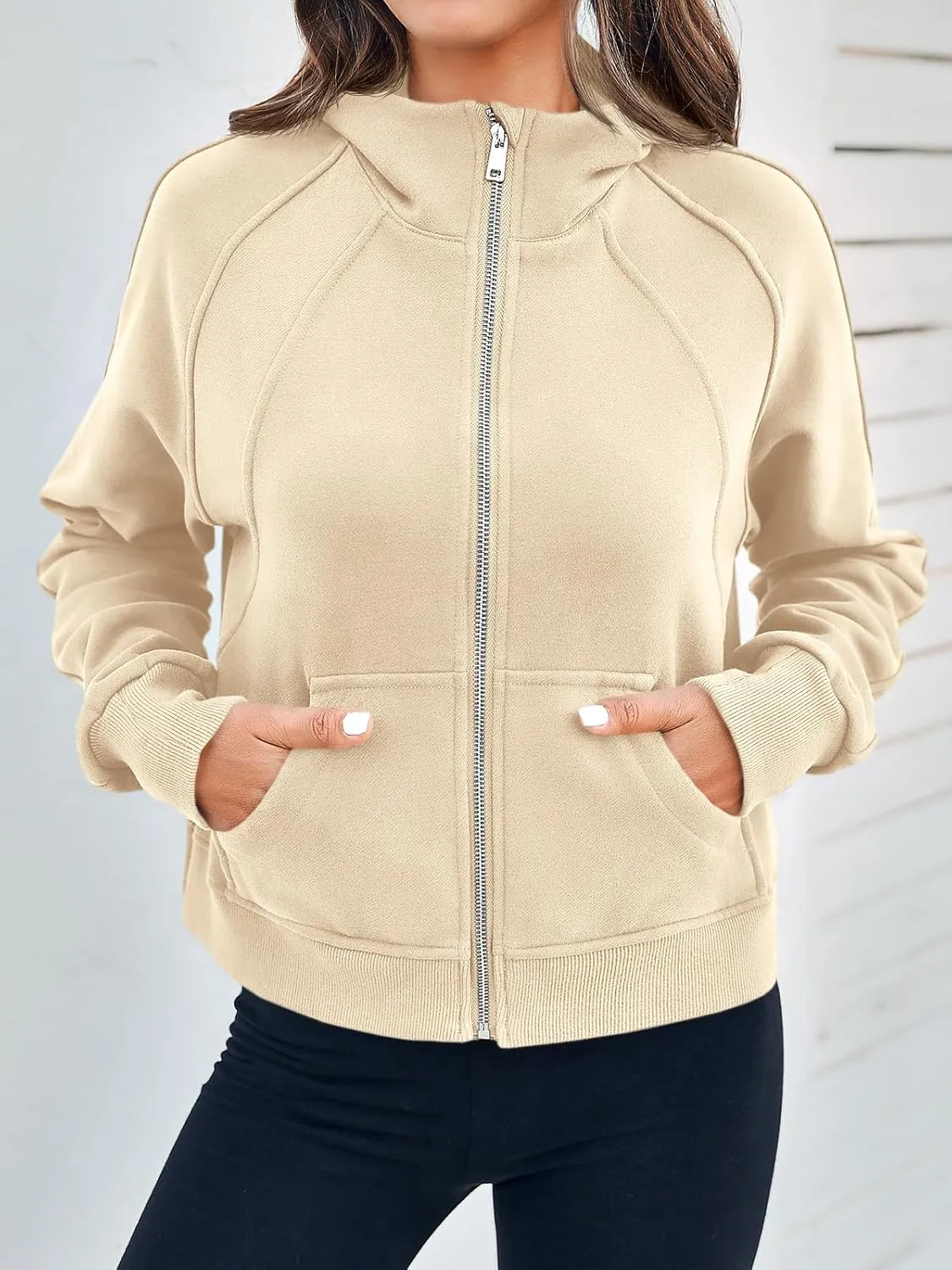 Fisoew Womens Zip Up Sweatshirts Fleece Lined Collar Crop Hoodie Casual Cotton Long Sleeve Tops with Thumb Hole