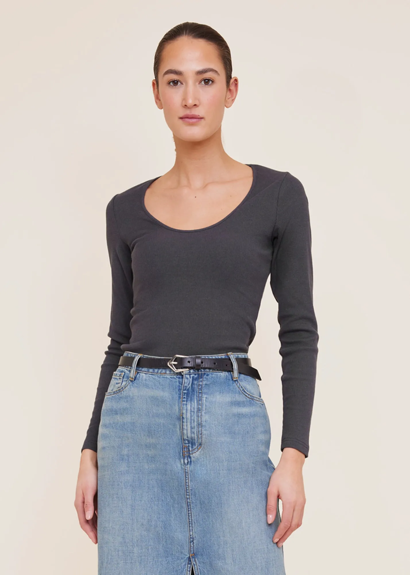 Fitted jersey top met ronde hals
