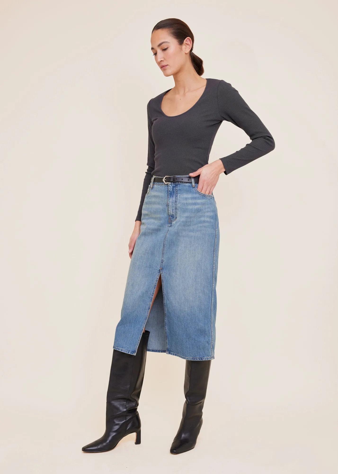 Fitted jersey top met ronde hals